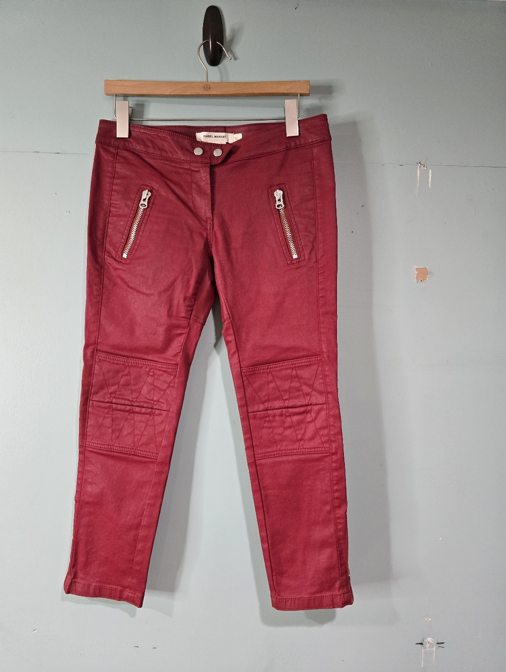 ISABEL MARANT X H&M Red Waxed Biker Pants Jeans Ankle Zip Size 6
